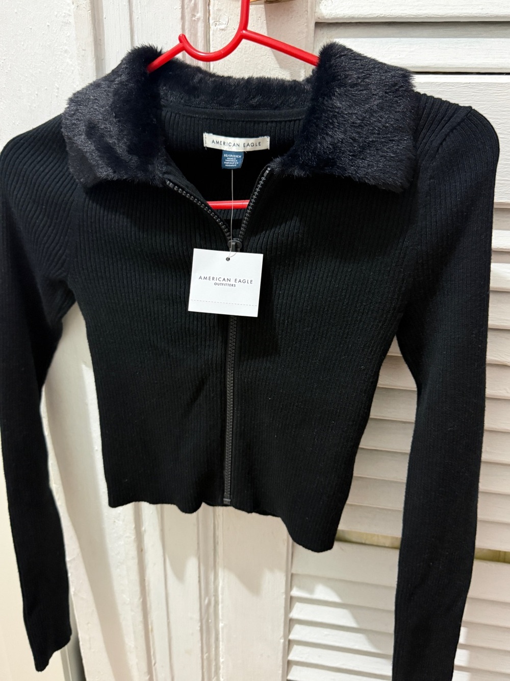 American Eagle Ribbed Zip Jacket with Faux-Fur Collar